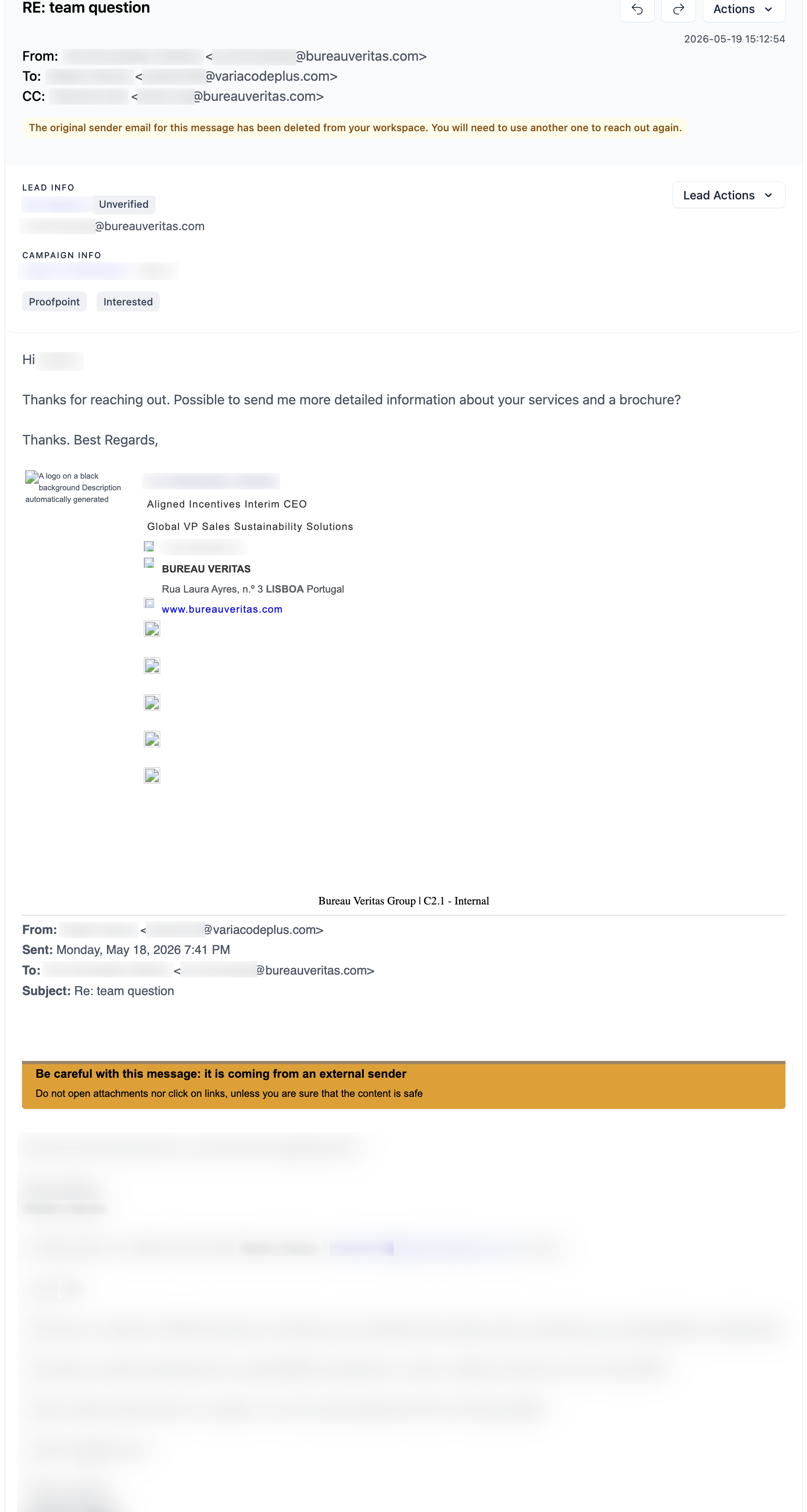 Bureau Veritas / Aligned Incentives email reply, with personal details redacted